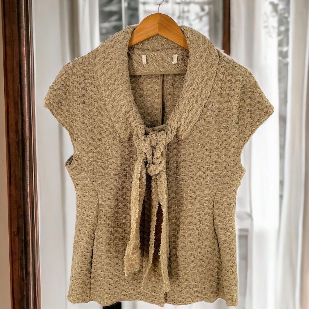 Marni Neutral Beige Woven Metallic Cap Sleeve Cardigan Jacket Size 42